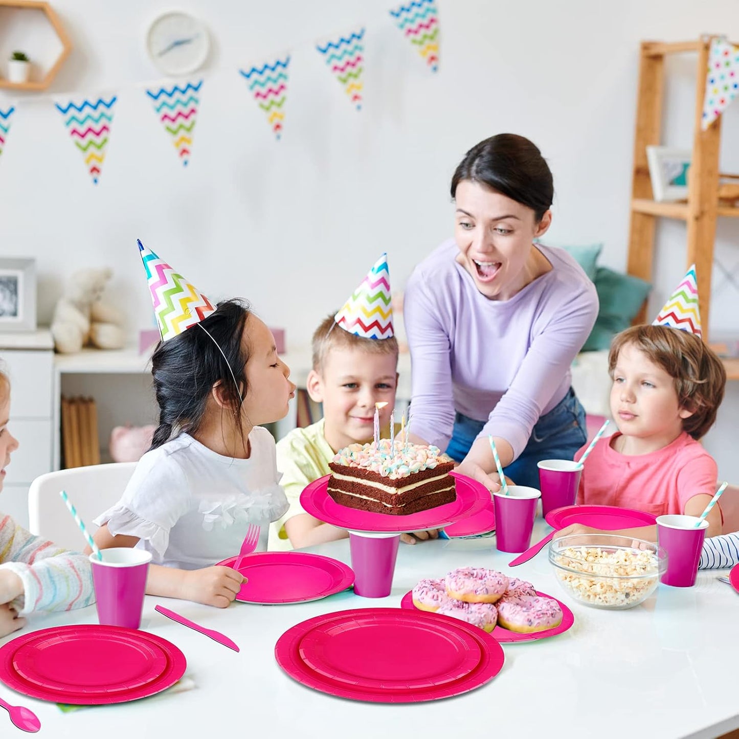 TWOWYHI 228PCS Hot Pink Party Supplies Set Include Paper Plates Cups Hot Pink Napkins Plastic Spoons Forks Knives for 30Guests Disposable Party Dinnerware Sets for Birthday Wedding Family Picnic