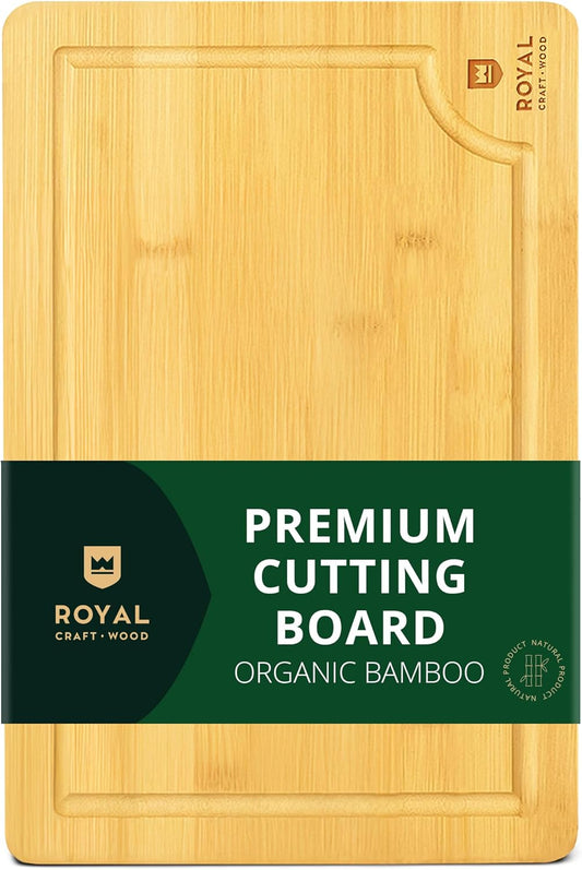 ROYAL CRAFT WOOD Wooden Cutting Boards for Kitchen Meal Prep & Serving - Bamboo Wood Serving Board with Deep Juice Groove Side Handles - Charcuterie & Chopping Butcher Block for Meat