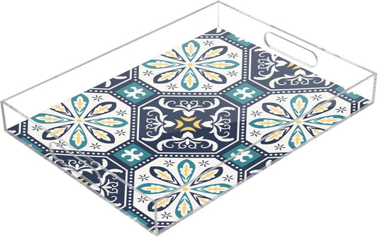 Acrylic Serving Tray with Handles Spill Proof Kitchen Storage Tray Clear Decorative Tray Makeup Drawer Organizer Storage Tray for Bathroom Living Room Ottoman 15.7x11.8Inches