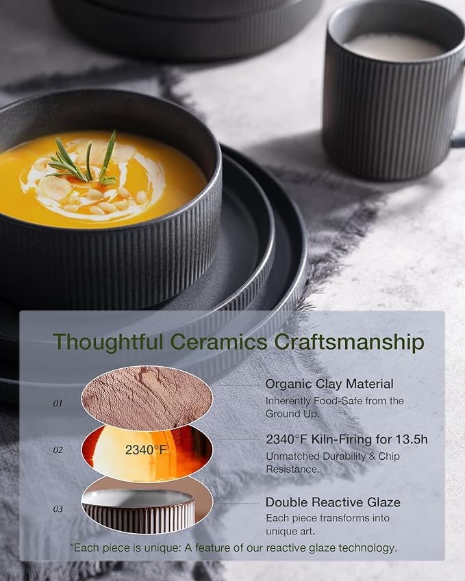 Famiware Star Dinnerware Set with Mugs, Service for 6 (24 Pieces), Ribbed Stoneware Plates and Bowls Dishes Sets - Chip & Scratch Resistant, Microwave & Dishwasher Safe, Matte Dark Charcoal