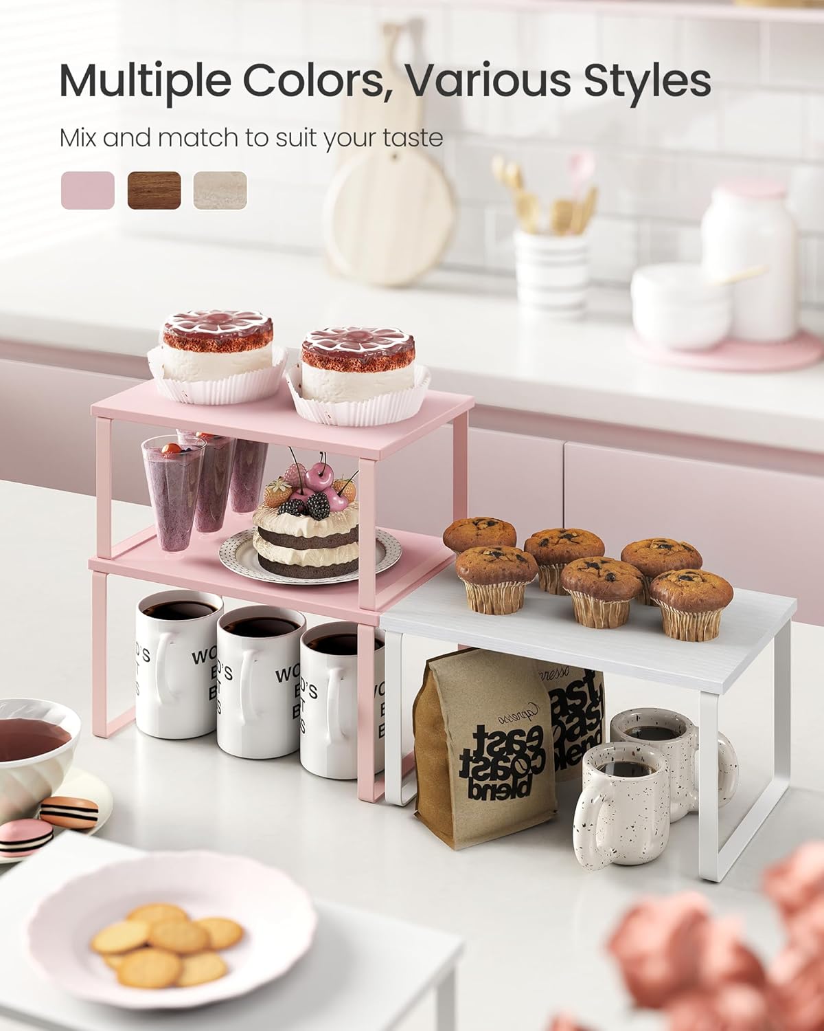 SONGMICS Cabinet Organizer Shelf, Set of 2 Kitchen Counter Shelves, Kitchen Storage, Spice Rack, Stackable, Expandable, Metal and Engineered Wood, Jelly Pink UKCS020S01