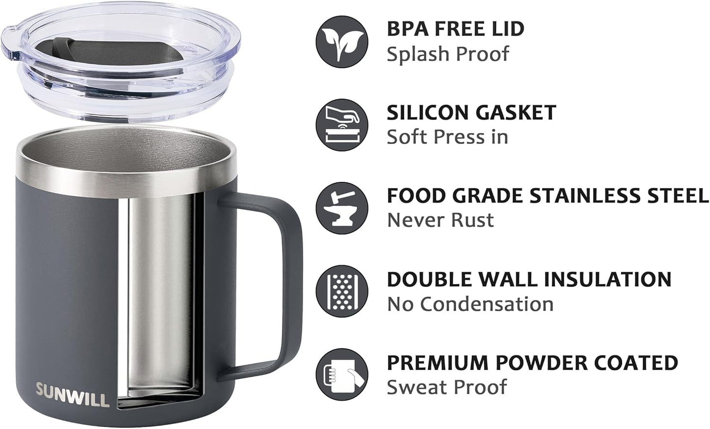 SUNWILL Travel Coffee Mug with Lid, Insulated Tumbler with Handle, 14 oz Stainless Steel Cup for Home, Office, Camping, Powder Coated Charcoal