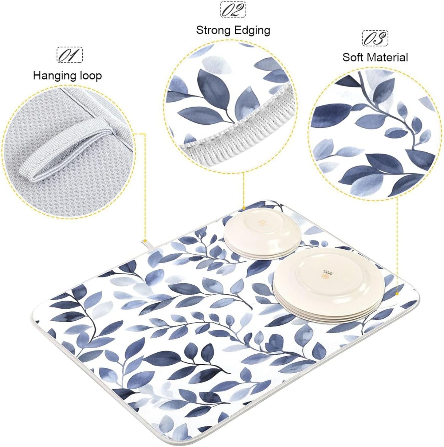 Light Gray Leaves Dish Drying Mat for Kitchen Counter Super Absorbent Dishes Pad Reversible Microfiber Protector Dish Draining Mats 18x24 inch