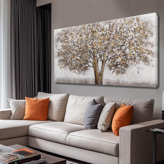 CHUDANHAO Grey Art Posters Big Tree Wall Decor Pictures for Office Gold and White Wall Art Botanical Painting for Living Room Kitchen 24x48 Inch
