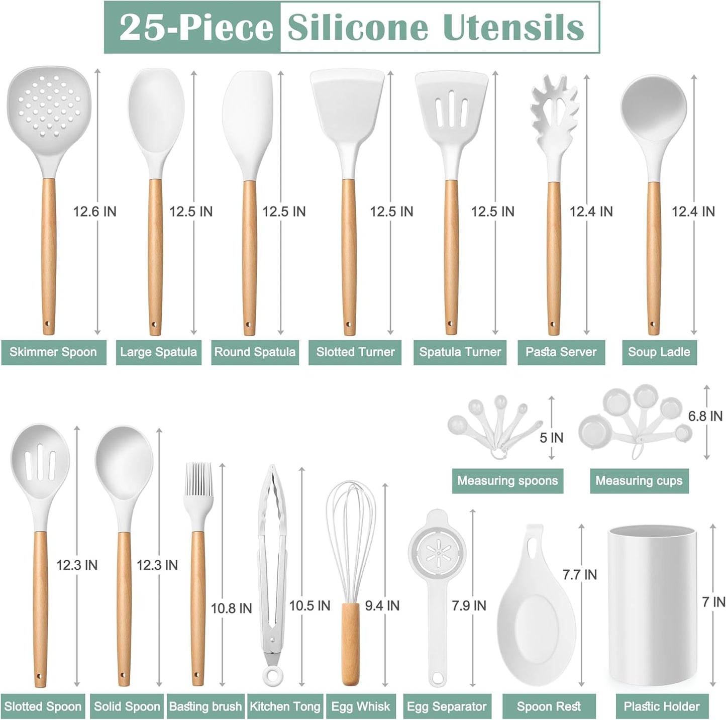 E-far White Cooking Utensils Set with Holder, 25-Piece Silicone Kitchen Utensil Set with Wooden Handle for Nonstick Cookware, 446°F Heat Resistant Kitchen Tool Spatula Tongs Whisk, Non-toxic & Healthy