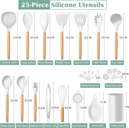 E-far White Cooking Utensils Set with Holder, 25-Piece Silicone Kitchen Utensil Set with Wooden Handle for Nonstick Cookware, 446°F Heat Resistant Kitchen Tool Spatula Tongs Whisk, Non-toxic & Healthy