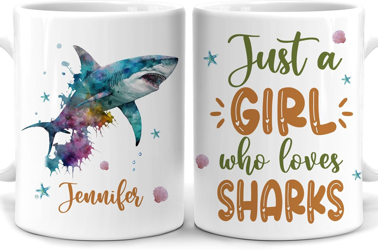 Hyturtle Personalized Gifts Shark Lover - Just A Girl Who Loves Sharks Custom Name Ceramic Coffee Mug Cup 11oz - Idea Cute Sea Animal Lover Gifts For Women, Girl Daughter On Birthday, Christmas