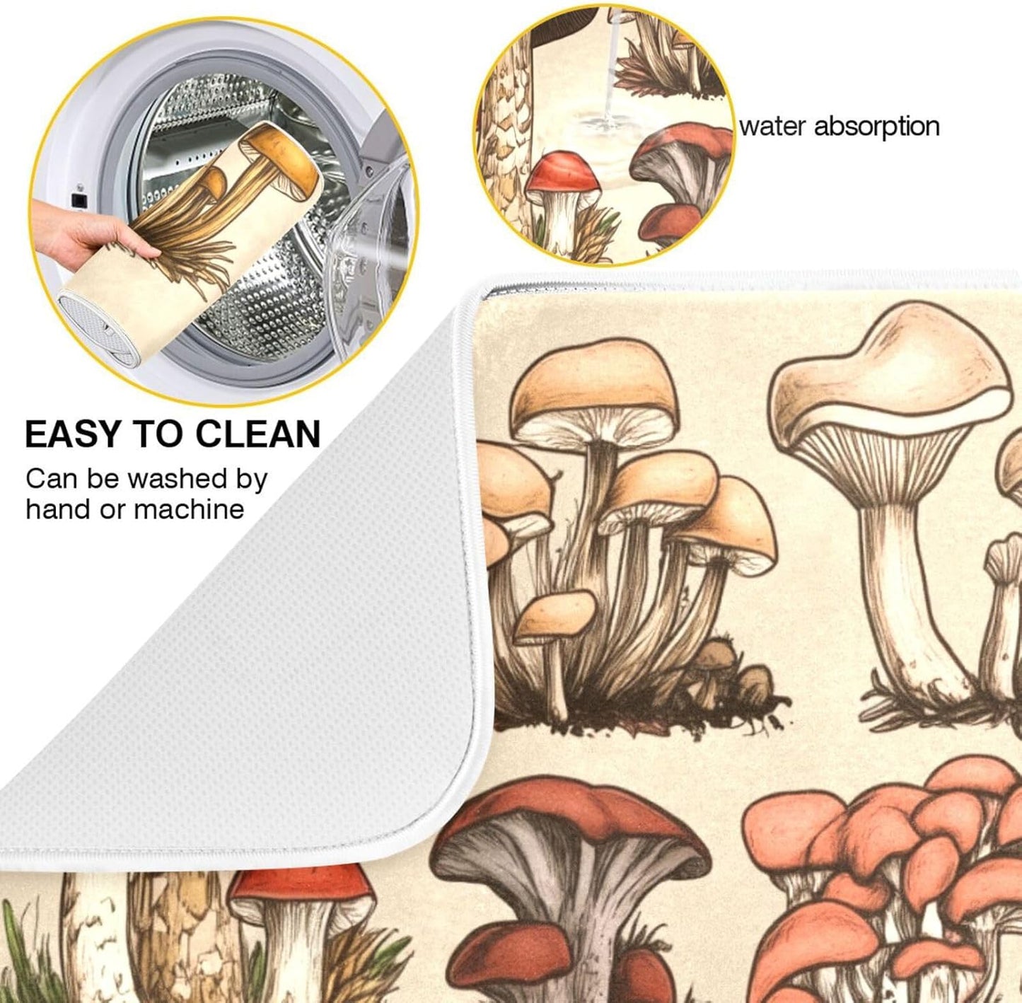 Retro Types and Shapes Mushrooms Dish Drying Mat for Kitchen Counter Super Absorbent Dishes Pad Reversible Microfiber Protector Dish Draining Mats 16x18 inch