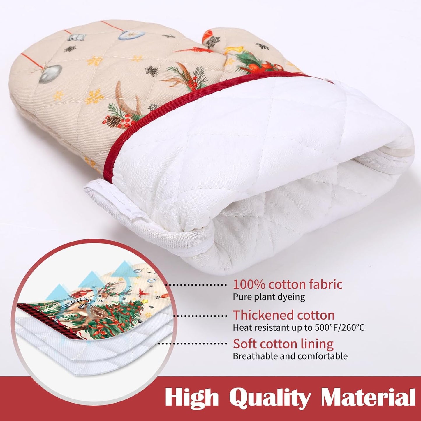 Christmas Deer Snowman Oven Mitts and Pot Holders Sets 4Pcs, 100% Cotton Heat Resistant, Extra Long Oven Gloves Potholder for Kitchen Cooking Baking Decoration