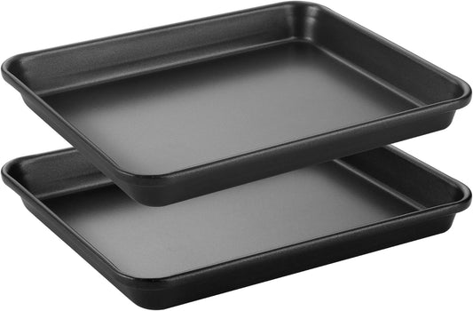 HONGBAKE 2 Pack 9.7X7.5" Toaster Oven Pans for Baking, 57% Thicker Nonstick 1/8 Cookie Sheet Pan Set, Small Baking Tray, Dishwasher Safe and Heavy Duty, Black