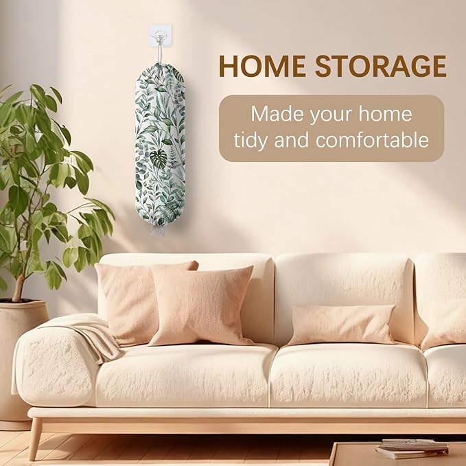 Plant Plastic Bag Holder, Wall Mount Organizer for Reusable Canvas Grocery Bags, Plants Hanging Plastic Bag Dispenser, Green Leaves Shopping Bags Storage Dispenser Decorative Home Kitchen Pantry Decor
