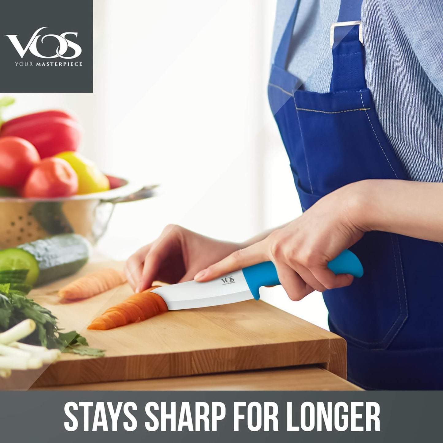 Vos Ceramic Knife Set with Peeler, Ceramic Knives Set For Kitchen, Ultra Sharp Kitchen Knife Set with Covers, 3" 4" 6" Paring, Utility & Chef Knife, Ultra Sharp, Lightweight, Dishwasher safe (Blue)