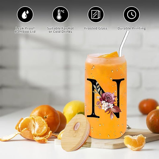 Monogrammed Glass Drinking Cup With Lid Straw Women Wife Gifts Anniversary Her 1 2 3 5 6 7 8 10 14 20 25 40 50 Year Cotton Copper Ivory Bronze Leather Iron Paper First 5th 6th 10th 25th 40th 50th 60,N