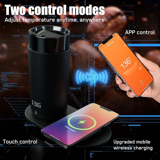 Temperature Control Heated Coffee Mug Smart Self Heating Travel Mug 12 Oz App Controlled Warmer Mug 4-10 Hour LED Display Keep Coffee Hot All Day Fast Wireless Charger Base Dull Black
