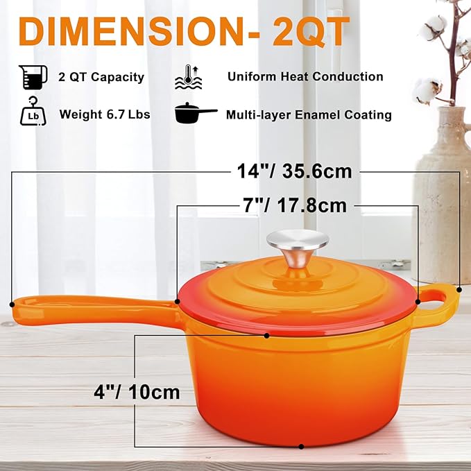 Enameled Cast Iron Sauce Pan with Lid, Leonyo 2 Quart Saucepan with Lid, Small Enamel Cast Iron Dutch Oven Kitchen Cookware for All Cooktops Making Pasta Sauce, Soup, Milk - Up to 500°F & Orange