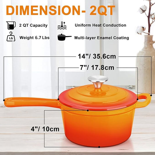 Enameled Cast Iron Sauce Pan with Lid, Leonyo 2 Quart Saucepan with Lid, Small Enamel Cast Iron Dutch Oven Kitchen Cookware for All Cooktops Making Pasta Sauce, Soup, Milk - Up to 500°F & Orange