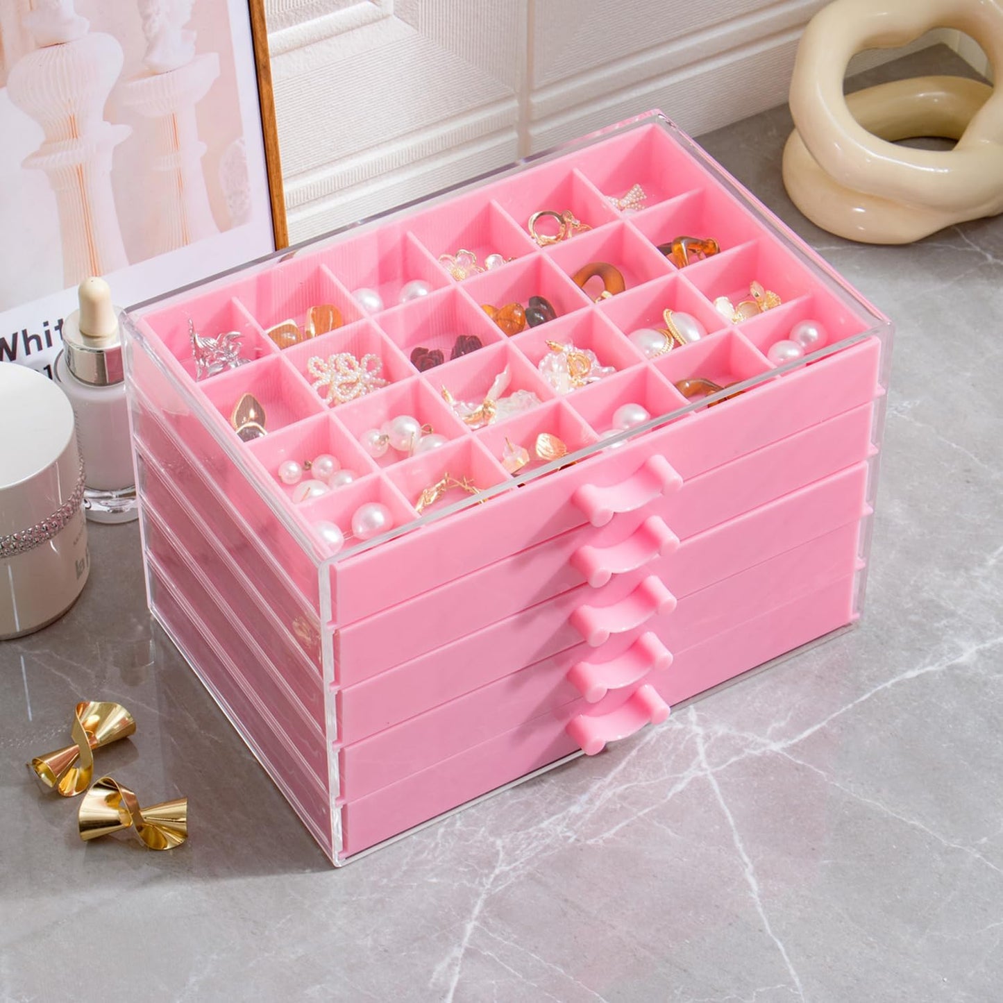 Earring Storage Box Organizer, Acrylic Jewelry Storage Box Holder 5 Drawers Transparent Jewelry Display Stand with 120 Small Compartments Gift Boxes for Women Girls (Pink)