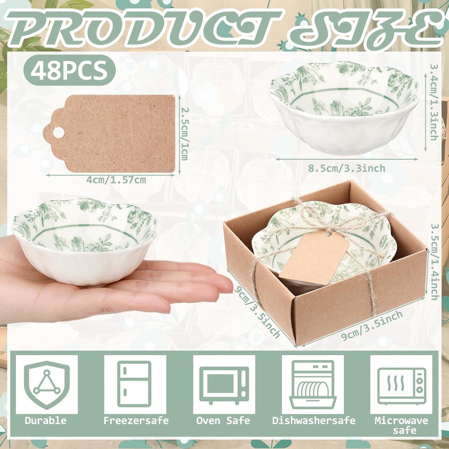 48 Pcs Wedding Favors for Guests Small Ceramic Bowl Bulk Gifts Set 3.3 Inch Floral Design Mini Dipping Bowl Sauce Dish with Cards Box for Bridal Baby Shower Birthday Guest Gift (Sage Green)