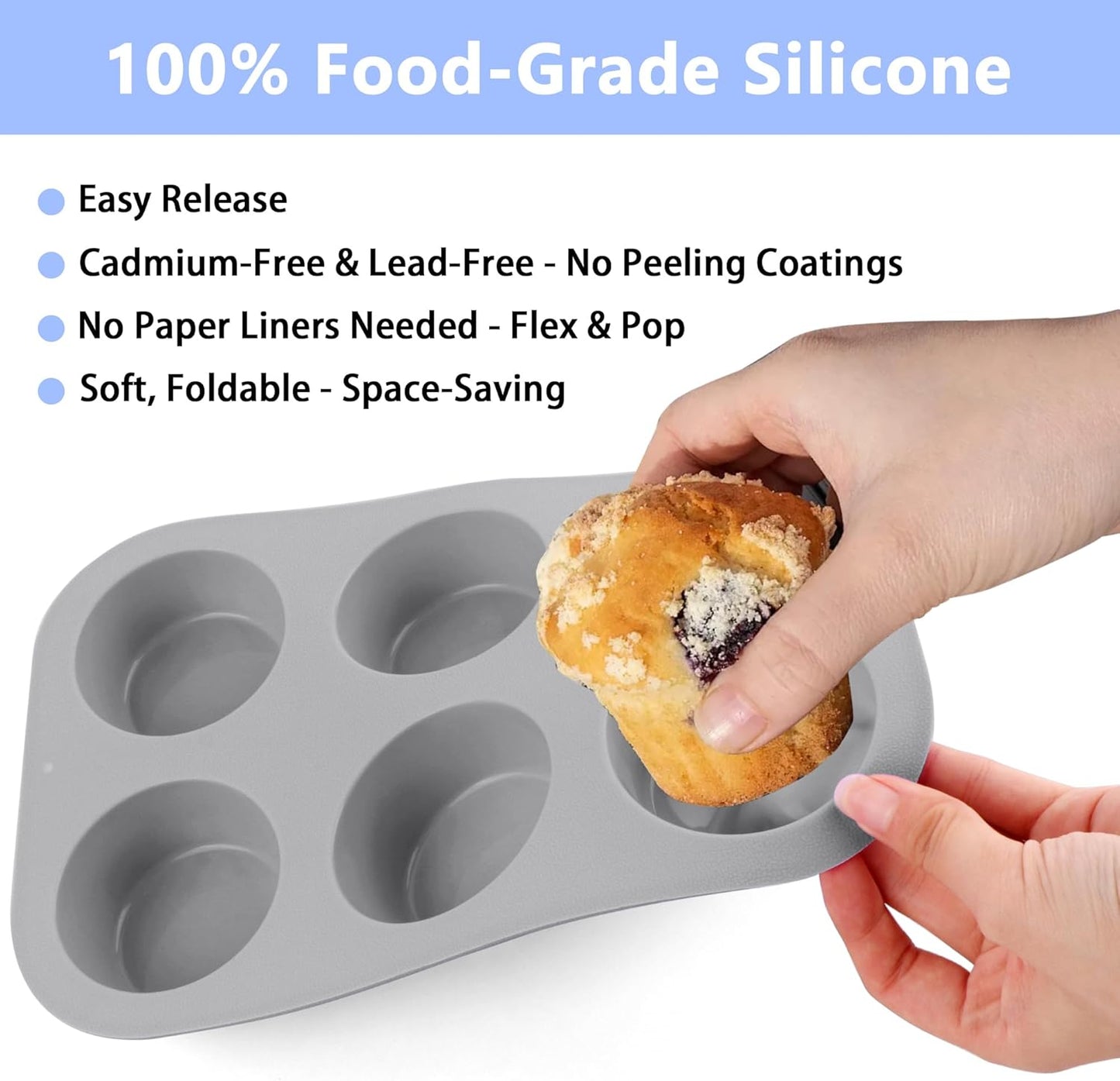 3-Pack 6-Cup Silicone Muffin Pans, Nonstick Cupcake Baking Molds, Muffin Cupcake Pans Molds for Baking, BPA/PFA-Free, Dishwasher & Oven Safe - Gray