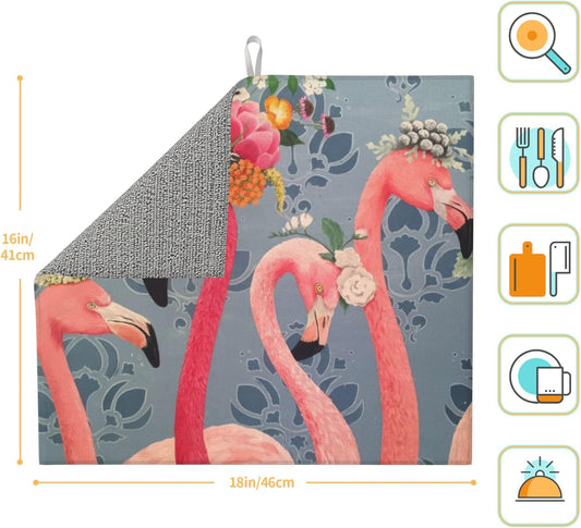 Flamingo Flowers Dish Drying Mat 16x18 Inch, Microfiber Absorbent Fast Dry Mat Large Dish Mat Drying Kitchen Mat, Kitchen Drying Pad for Kitchen Counter Coffee Bar Decor Gifts