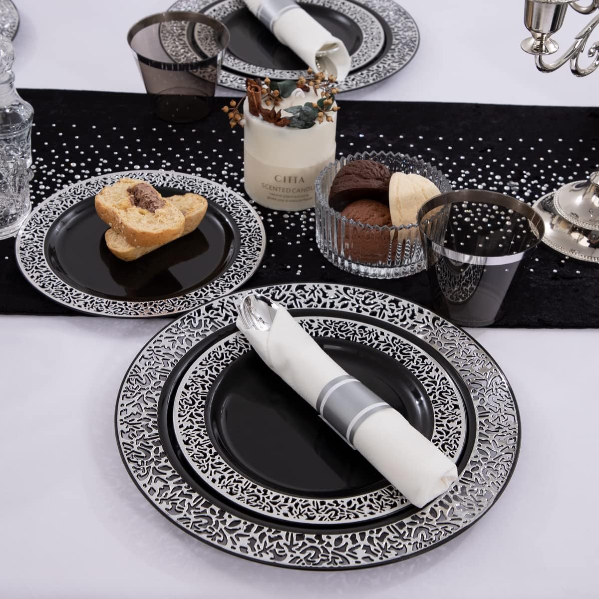 NOCCUR 210PCS Black and Silver Dinnerware Set for 30 Guests - Black Plastic Plates with Silver Rim Include 30 Dinner / 30 Dessert Plates, 30 Prewrapped Silverware, 30 Cups Ideal for Party, Halloween
