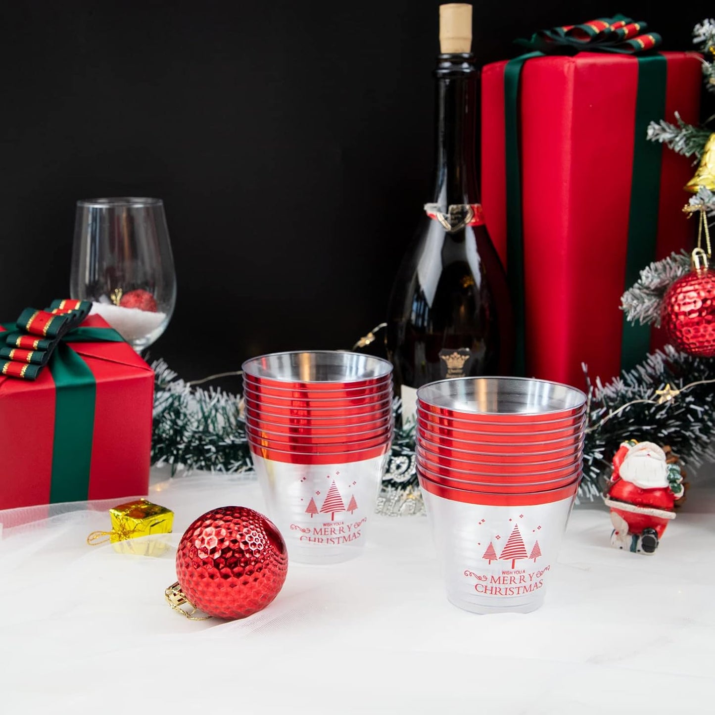 I00000 100PCS Christmas Red Plastic Cups Christmas Disposable Cups 9 Oz Plastic Holiday Cups Wine Glasses Red Rim Clear Cocktail Tumblers Drinking Glasses for Parties
