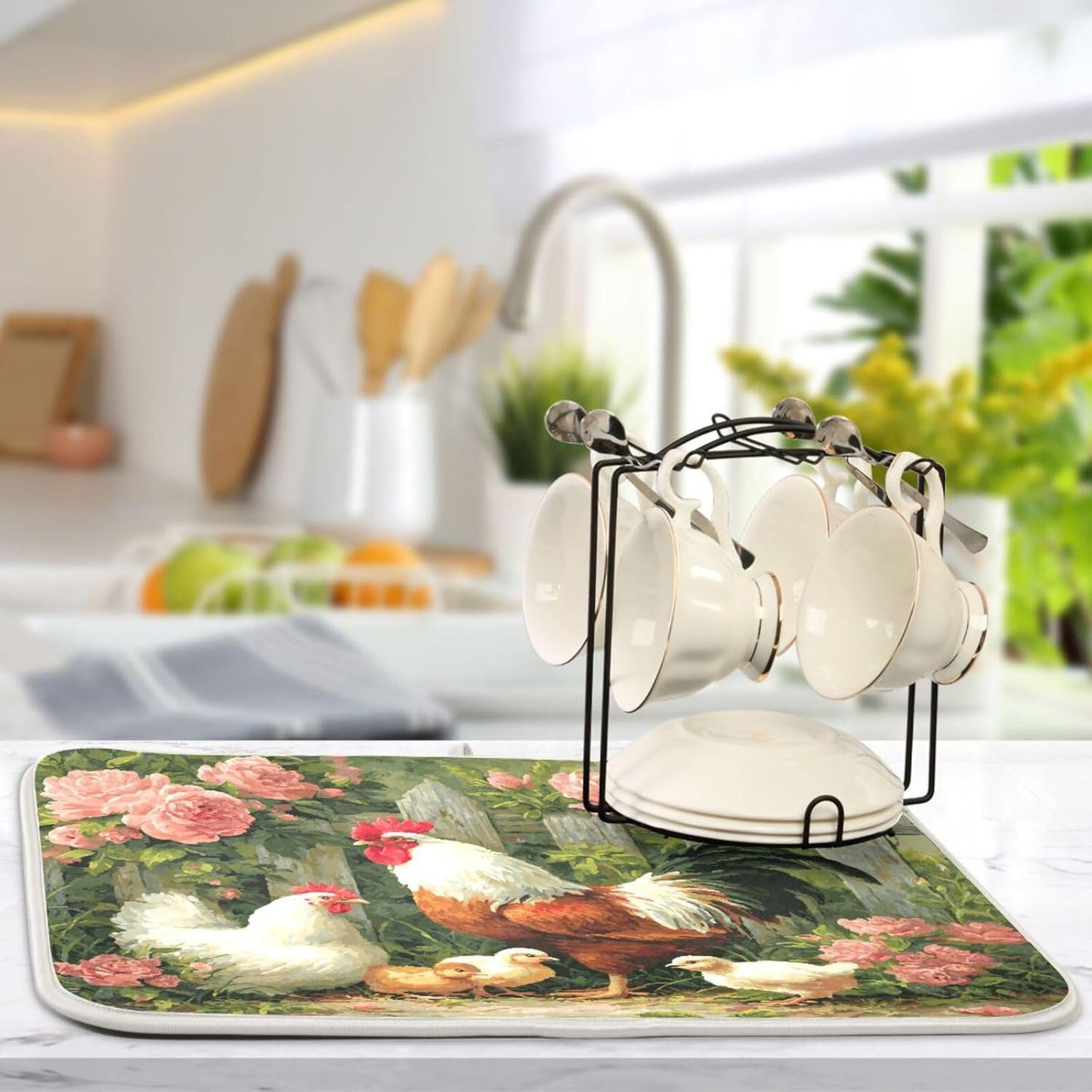 Farm Chickens Rooster Dish Drying Mat for Kitchen Counter Super Absorbent Dishes Pad Reversible Microfiber Protector Dish Draining Mats 16x18 inch