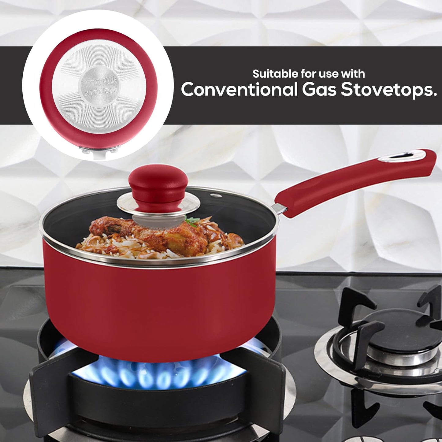 Utopia Kitchen Nonstick Stock Pot Saucepan Set with Lids, 1 Quart and 2 Quarts Multipurpose Stock Pots Set for Home, Kitchen or Restaurant, Red & Black