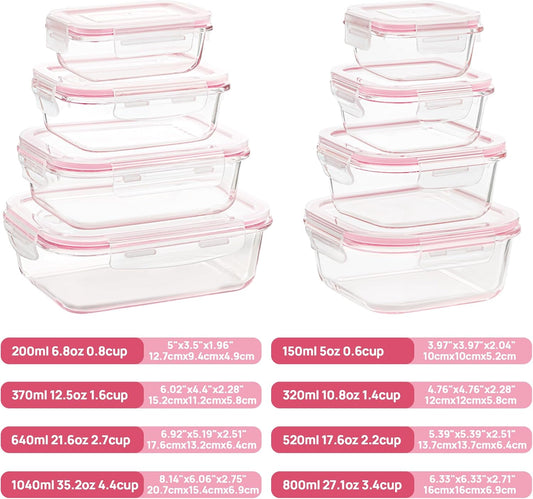 Vtopmart 8 Pack Glass Food Storage Containers with Airtight Lids, Glass Meal Prep Containers, Lunch Containers for Microwave, Oven, Freezer and Dishwasher, BPA Free