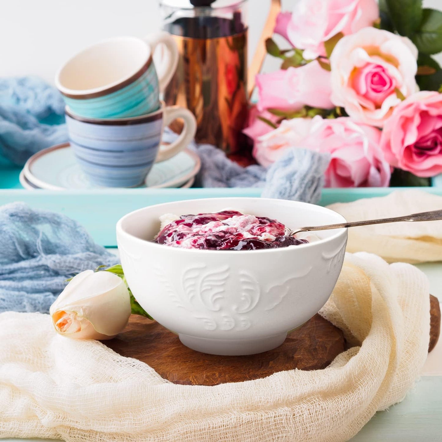 amhomel 6-Pack 24 Ounce Cereal Bowls with Embossed Texture, Porcelain Deep Ceramic Bowls, Dishwasher & Microwave Safe