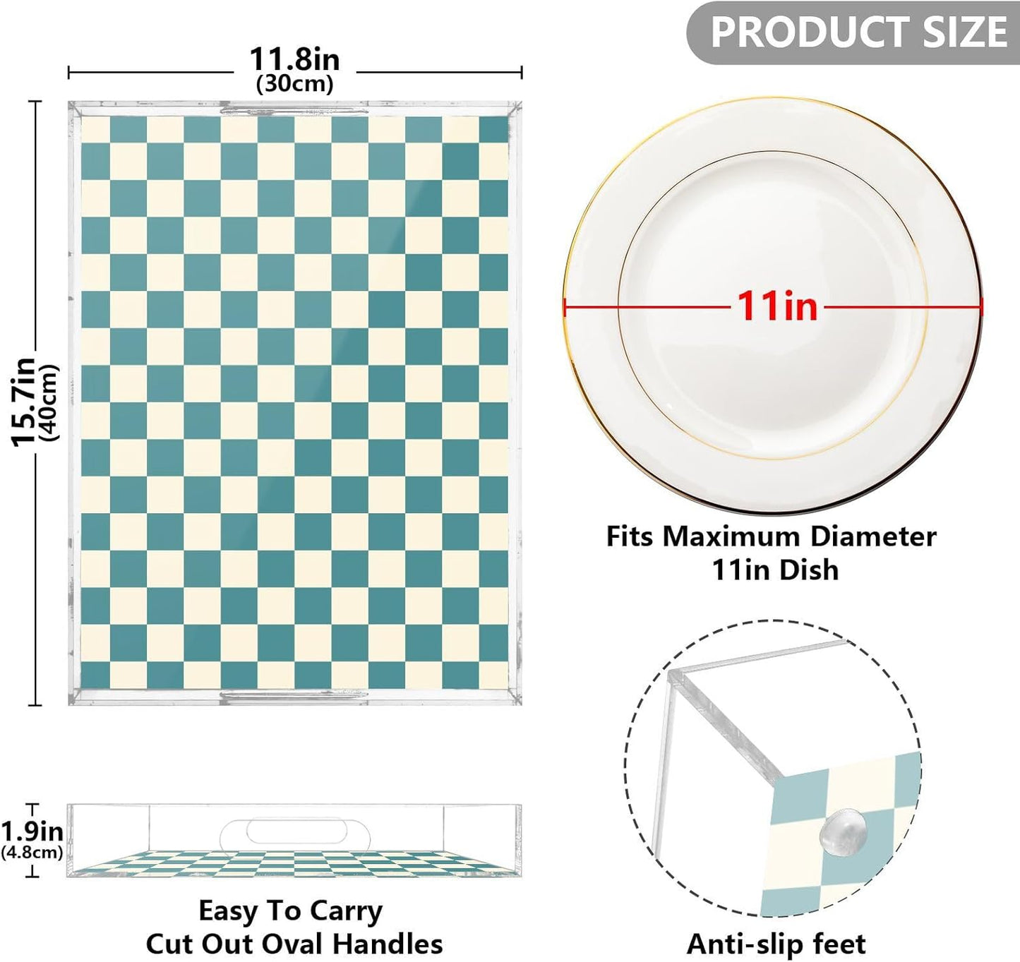 Acrylic Serving Tray with Handles Spill Proof Kitchen Storage Tray Clear Decorative Tray Makeup Drawer Organizer Storage Tray for Bathroom Living Room Ottoman 15.7x11.8Inches
