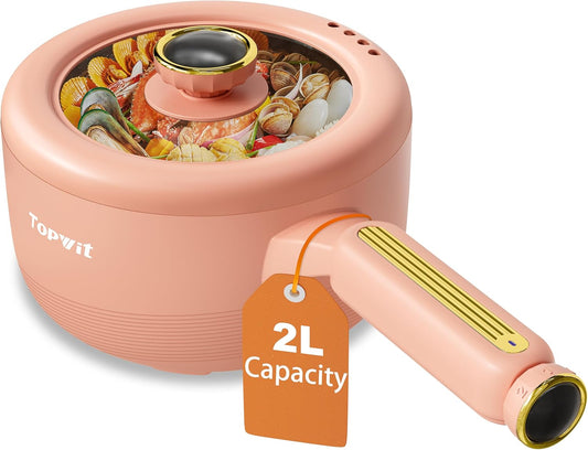 TOPWIT Hot Pot Electric, 𝟐𝐋 Electric Pot, Portable Non-Stick Portable Cooker, Sauté Pan for Steak, Egg, Fried Rice, Ramen, Soup with Dual Power Control (Silicone Spatula Included), Peach