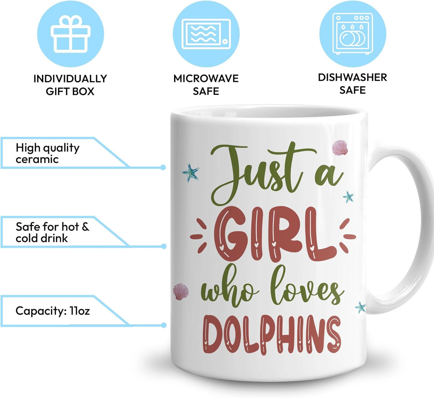 Hyturtle Personalized Gifts Dolphin Lover - Just A Girl Who Loves Dolphins Custom Name Ceramic Coffee Mug Cup 11oz - Idea Cute Sea Animal Lover Gifts For Women, Girl Daughter On Birthday, Christmas