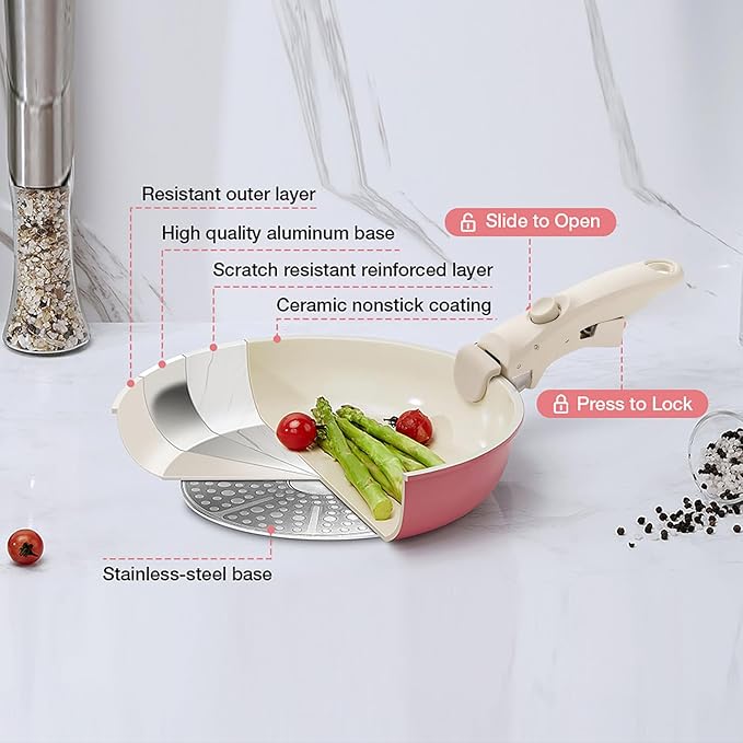 Ceramic Pots and Pans Set Non Stick Pink, 8 Pcs Nonstick Cookware Set with Detachable Handle RV Camping Induction Kitchen Cookware Set Non Stick, PFAS PFOA & PTFE Free