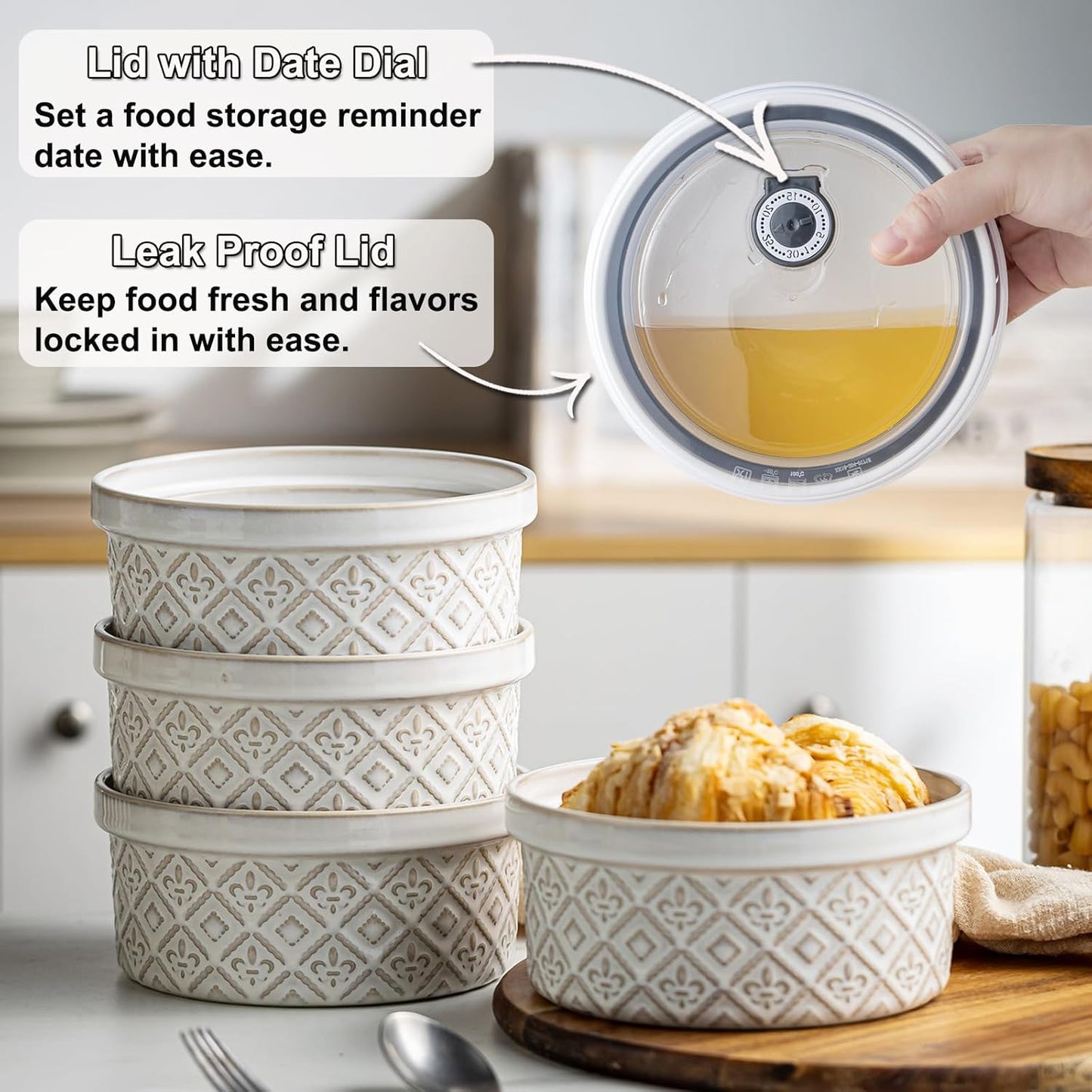 40 Oz Ceramic Airtight Bowls Set of 4 - Large Mixing Bowls with Lids Set for Salad, Pho, Soup, Pasta, Dessert, Serving, Oatmeal, Baking Dishes, Dishwasher & Microwave Safe, Beige