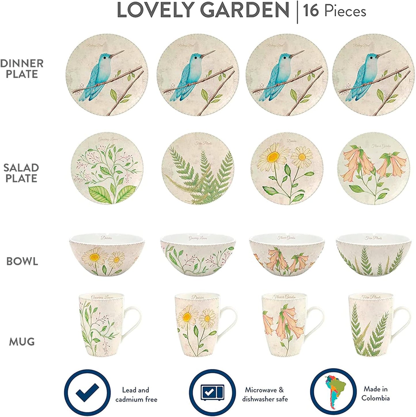 Corona 16–piece Birds Nature Garden Inspired Ceramic Dinnerware Sets | Plates Bowls and Mugs | Service For 4 | Lovely Garden