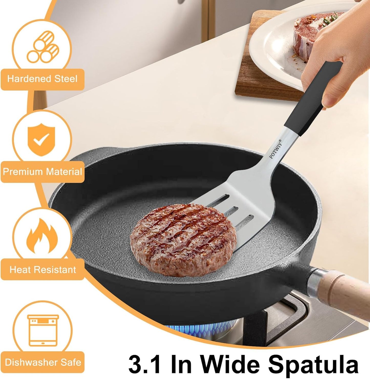 2 Pcs Stainless Steel Spatula Set, 11.3 x 3.1In Metal Spatulas for Kitchen Use, Cast Iron Skillet Cooking, Solid and Slotted Turner with Heat Resistant Handle, Flipper for Steak, Eggs, Burgers