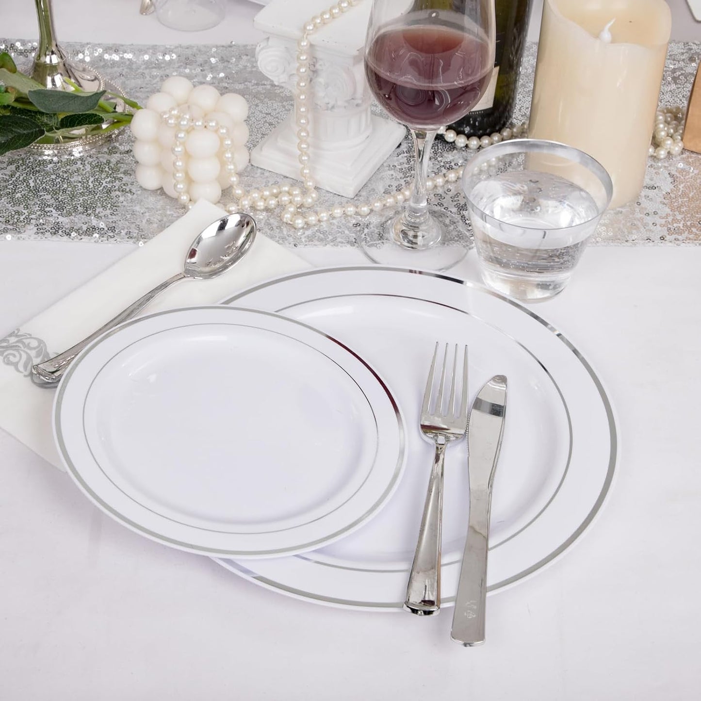 I00000 350Pcs Silver Plastic Dinnerware Set, Plastic Plates Disposable for 50 Guests Include: 100 Silver Rim Plates, 50 Paper Napkins, 50 Cups, 50 Plastic Silverware Set Perfect for Party & Wedding