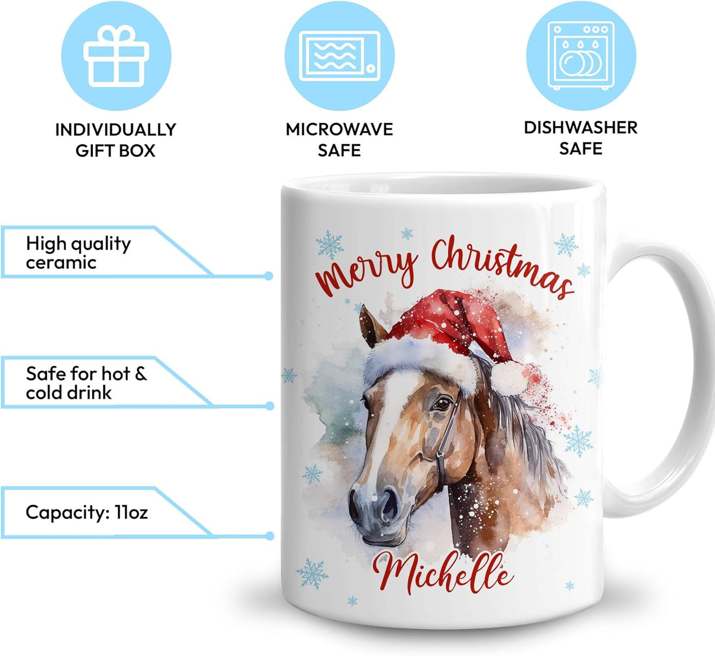 Hyturtle Personalized Gifts Horse Lover - Horse Wearing Santa Hat Custom Name Ceramic Coffee Mug Cup 11oz - Cute Animal Lovers Gifts For Women, Girl kids Family On Birthday, Christmas