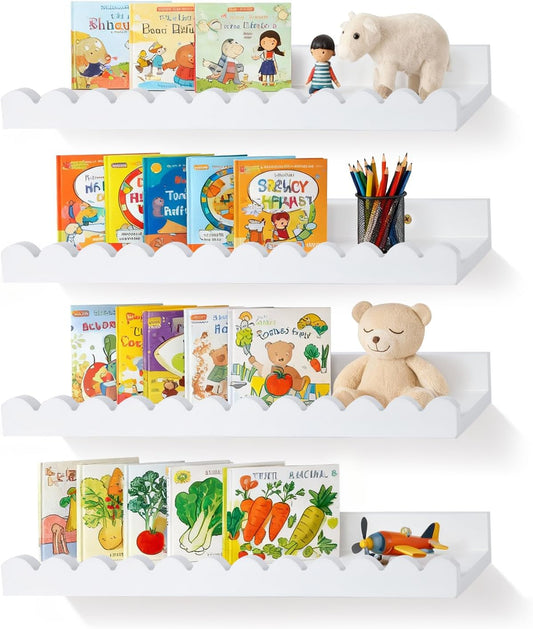 LinTimes Floating Shelves for Wall Set of 4, Wall Mounted Rustic Wood Shelves for Bedroom, Living Room, Kitchen, Hanging Shelf for Books/Storage/Room Decor with 7.94Lbs Capacity, White 16.5*5.1*1.7