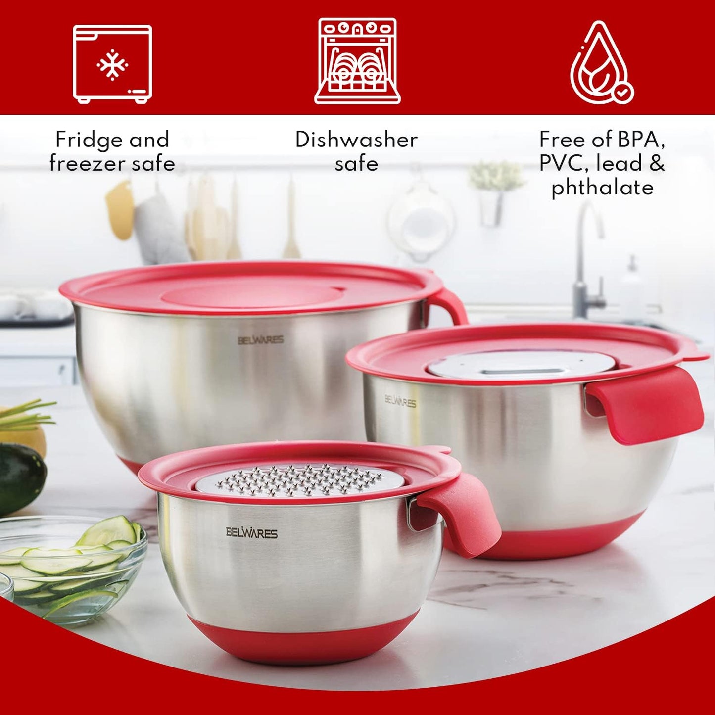 Belwares Mixing Bowls with Lids Set - 3-Piece Stainless Steel Nesting Bowls with Graters, Handles, and Airtight Lids - Non-Slip Mixing Bowls for Cooking, Baking, Prepping, and Food Storage (Red)