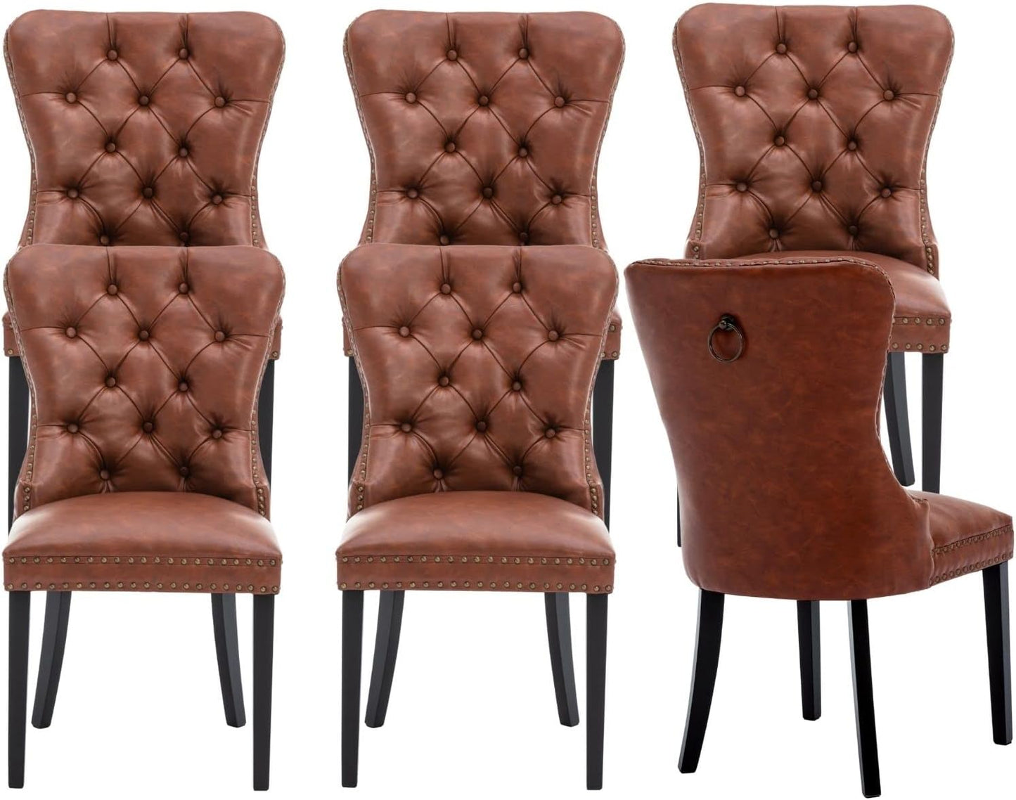 Brown Leather Dining Chairs Set of 6 Mid Century Modern Tufted Chairs Armless Rubber Wood Vintage Furniture Chairs Upholstered Nailhead PU Side Chairs with Pull Ring for Kitchen/Cafe Decor