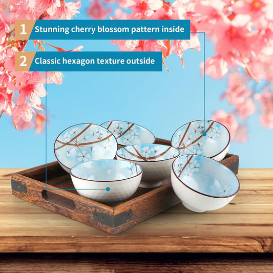 Ceramic Rice Bowls 10 oz, Sakura Bowl Gift Set, Dinnerware Serving Bowls for Rice, Cereal, Noodle, Soup, Desserts, Pack of 6 (Blue)