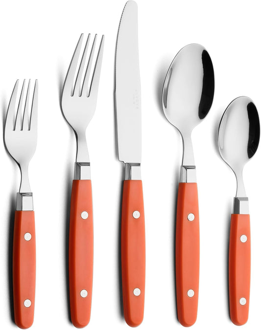 ANNOVA Silverware Set, Retro/Rivet Colorful Stainless Steel Tableware Kitchen Flatware Set Utensils, Includes Dinner Knives, Forks, Spoons, Salad Forks & Dessert Spoons (Orange, 20 Pieces)