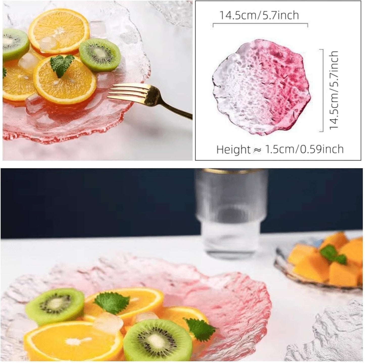 Colorful Glass Dessert Plates, Crystal Clear Snack Fruit Candy Cake Plate, Irregularity Shape Plates for Appetizer, Ice Cream, Salad, Small Serving Dishes (pink, 5.7inch 2pcs)