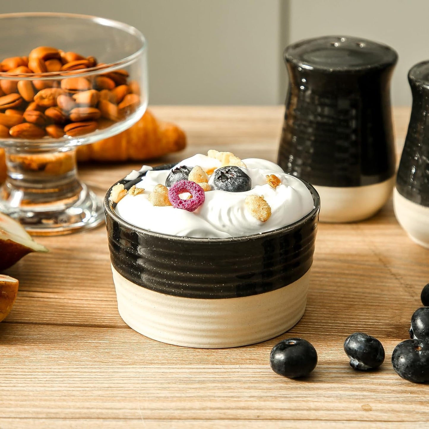 Ramekins 6 OZ for Creme Brulee Oven Safe,Ceramic Souffle Cups Set of 6,Small Dipping Sauce Cups for Charcuterie,Dessert,Dipping Sauce,Custard and Pudding,Microwave & Oven Safe,Patchwork Black