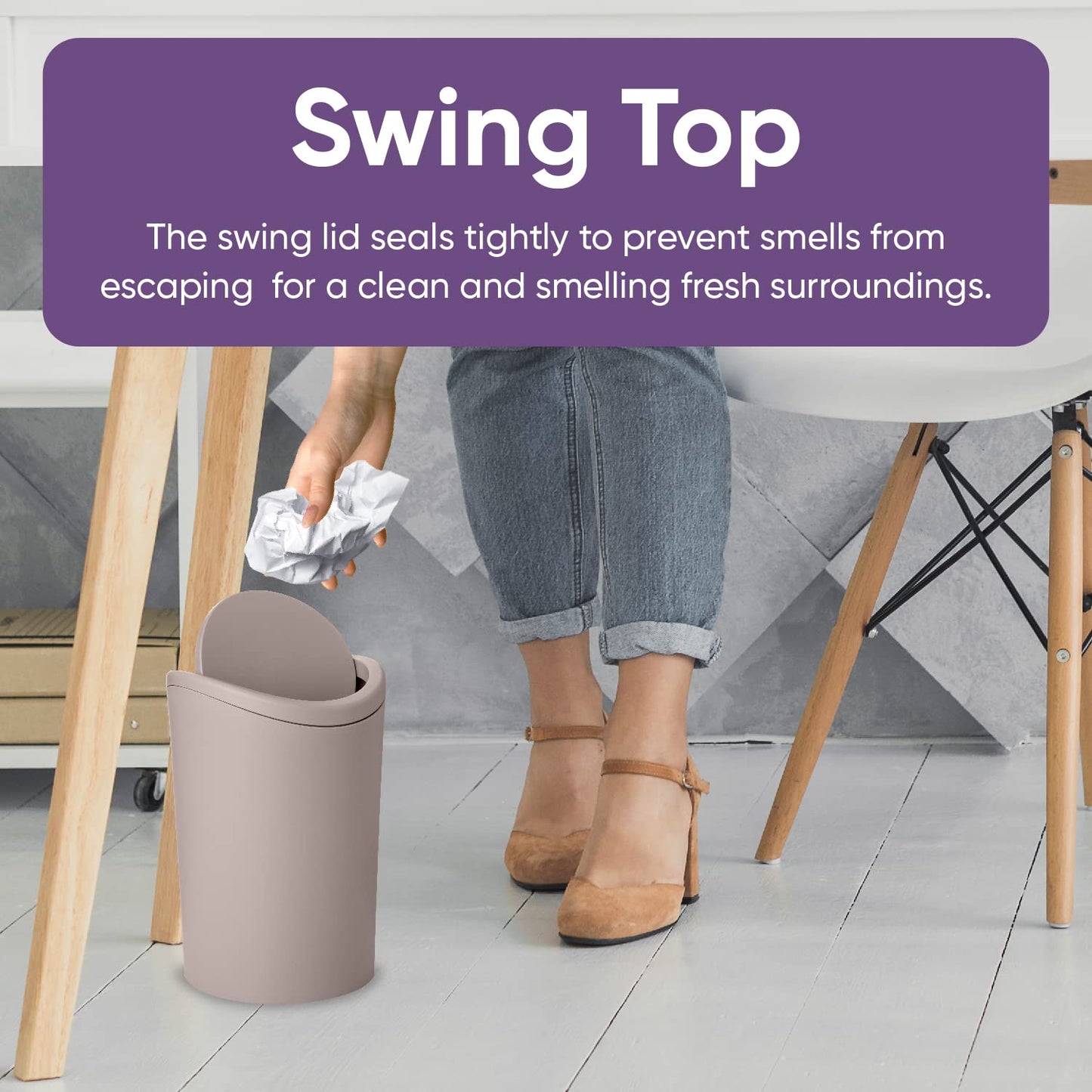 Superio Small Bathroom Trash Can with Lid, Modern Mini Waste Bin with Swing Lid (1 1/2 Gallon, 6 Liter) Plastic Garbage Can for Kitchen, Bathroom, Bedroom, Office, Under Desk (2, Taupe)