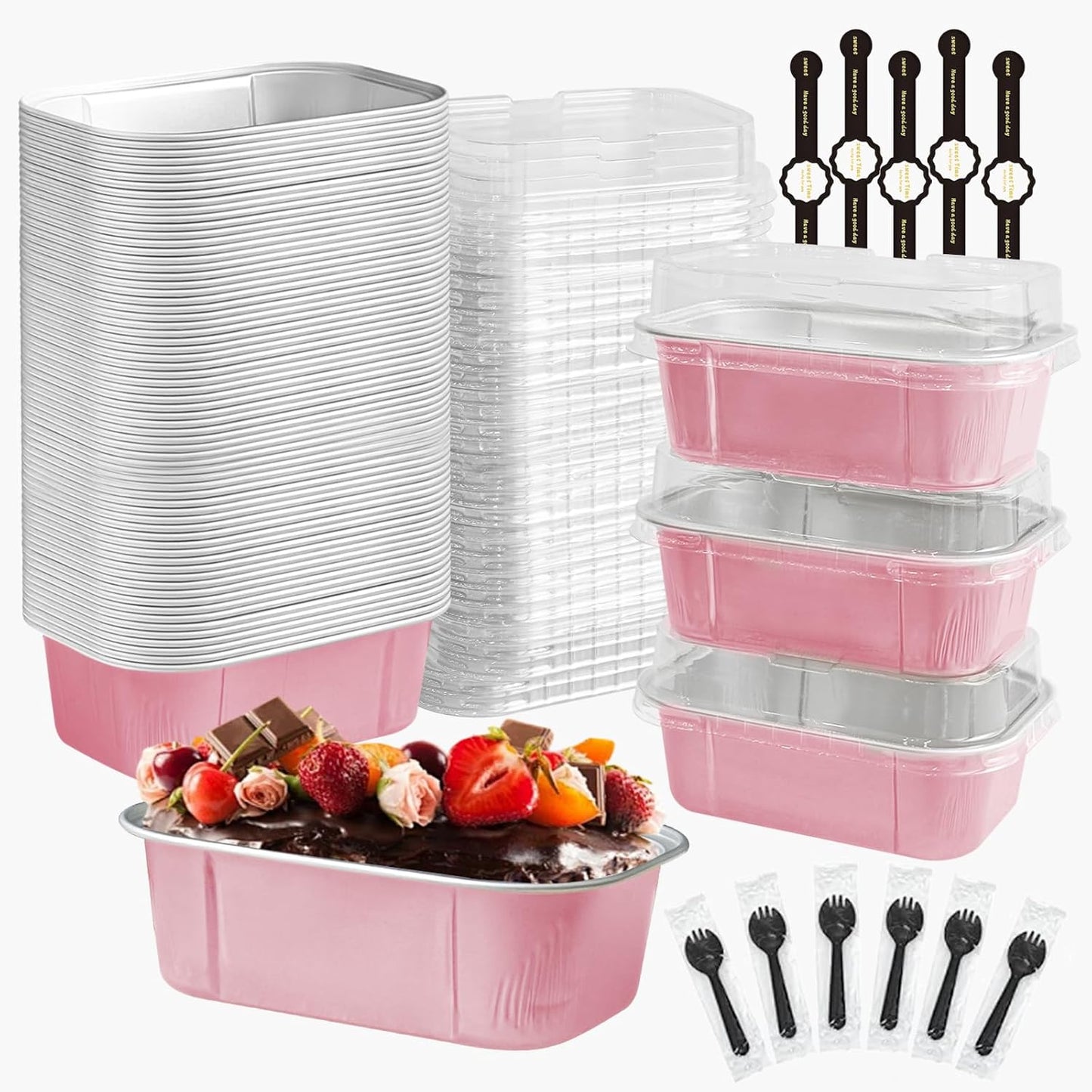 mini loaf pans with lids and spoons 50 Pack,5.5 oz Rectangle mini individual cake tins Disposable Small Aluminum Foil Baking pans(50, Pink)