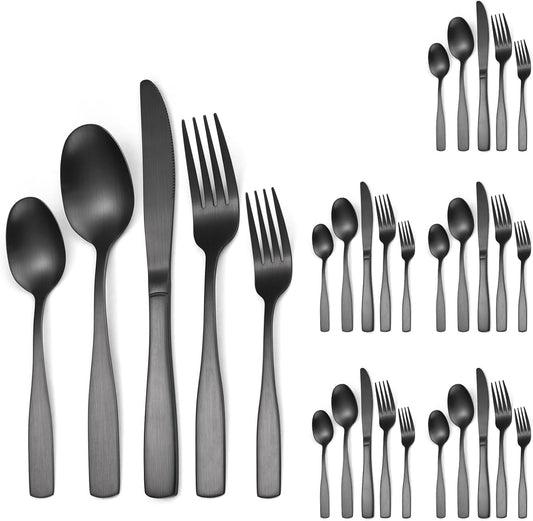 Black Matte Flatware With Square Handle Stainless Steel Cutlery Set for 6 Modern Silverware 30 pieces Knives Forks and Spoons for Home Kitchen Utensils
