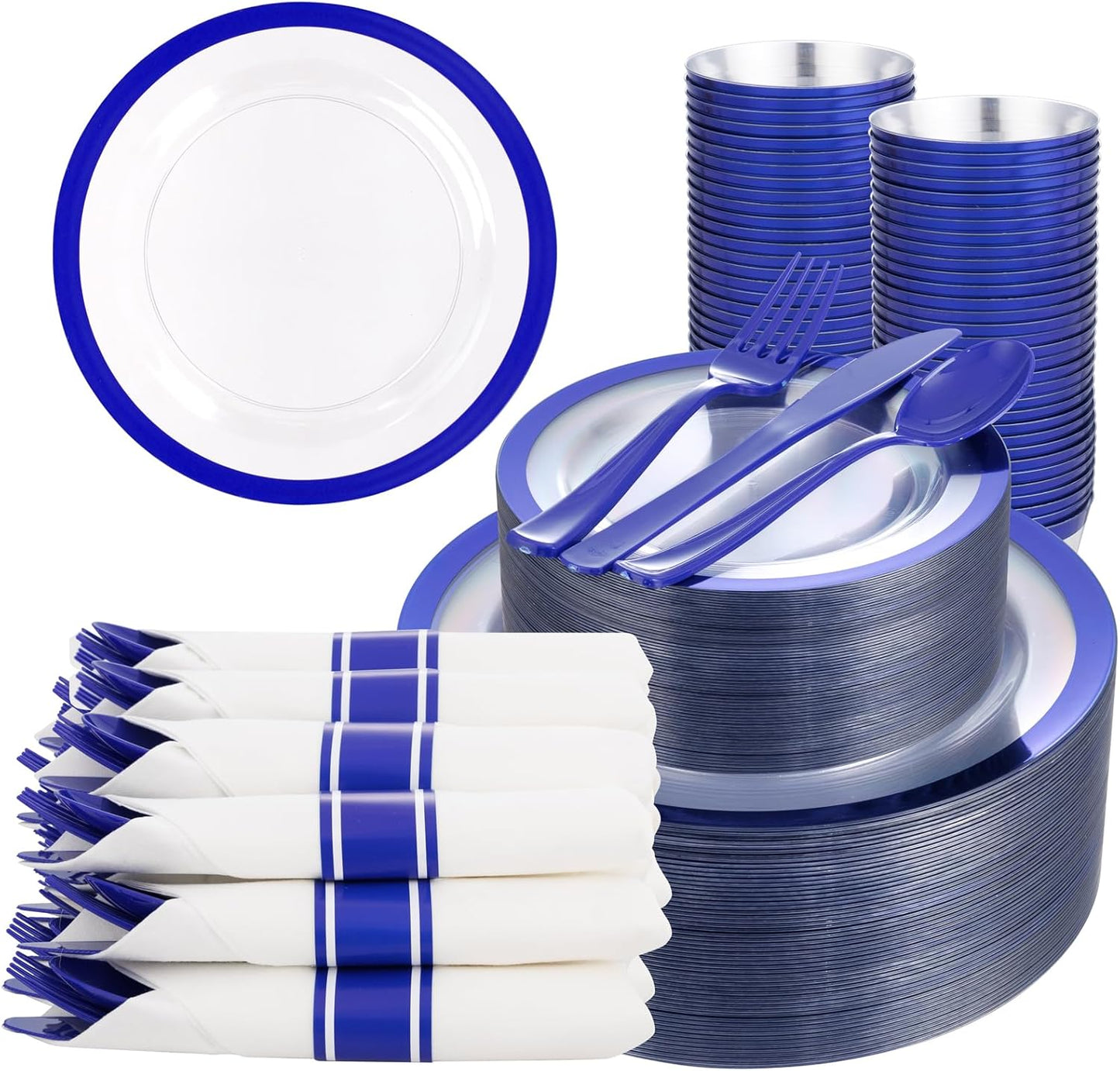 Liacere 350PCS Blue Plastic Plates - Clear with Blue Trim for 50Guests Dinnerware Include 100 Clear Plates disposable 150 Silverware 50Napkins for Wedding＆Back to School＆Labor Day